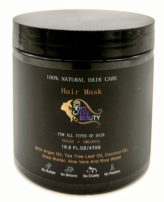 100% Natural Hair Mask, Silicon and Sulfate free, made with Argan oil, Tea Tree oil, Coconut oil, Shea Butter, Aloe Vera, & Rice Water.