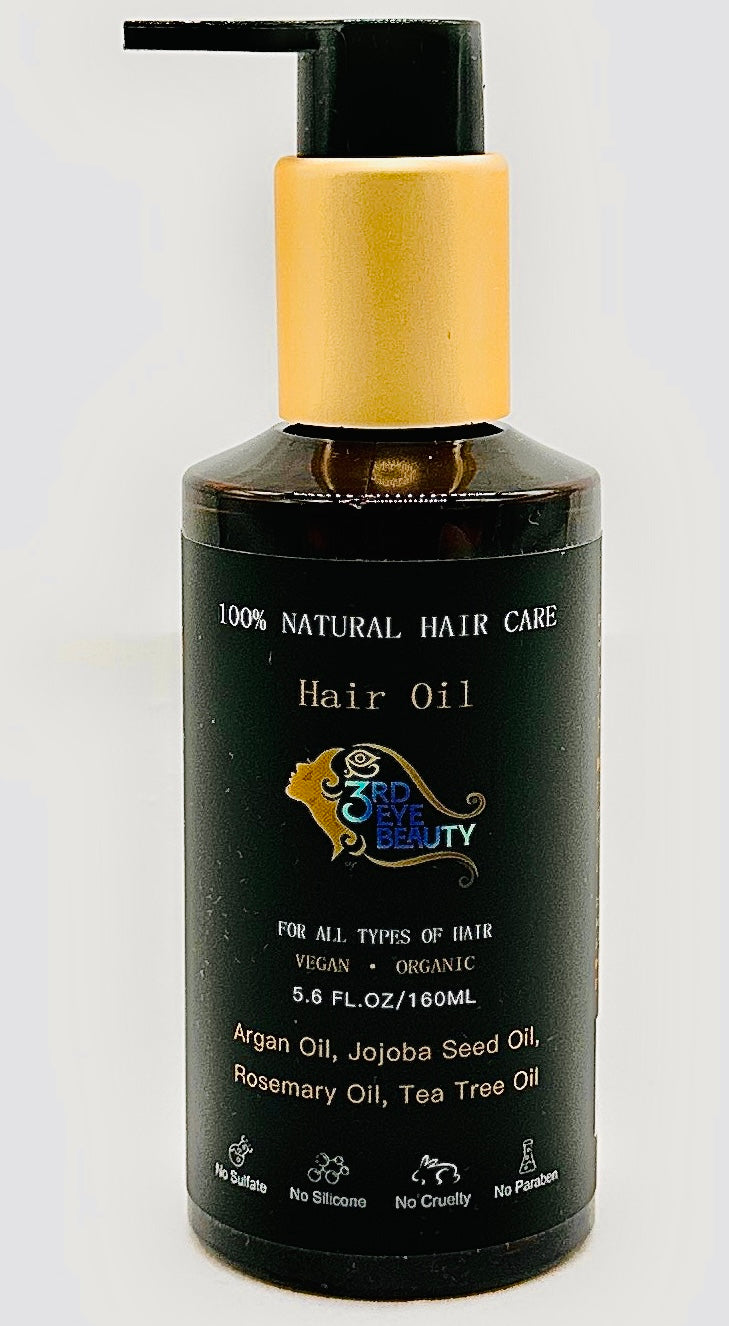 100% Natural Hair Oil, made with Argan oil, Jojoba Seed oil, Rosemary oil & Tea Tree oil that moisturize, hydrates, and add shine to dry hair.