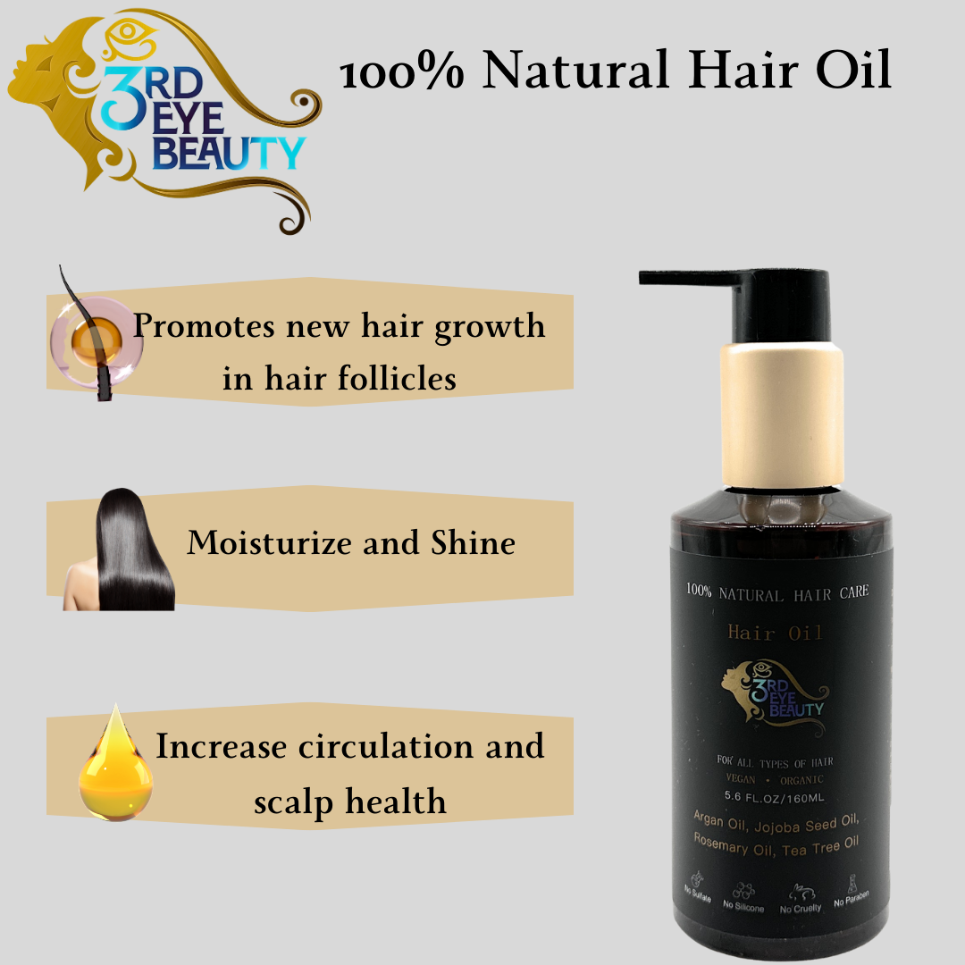 100% Natural Hair Oil, made with Argan oil, Jojoba Seed oil, Rosemary oil & Tea Tree oil that moisturize, hydrates, and add shine to dry hair.