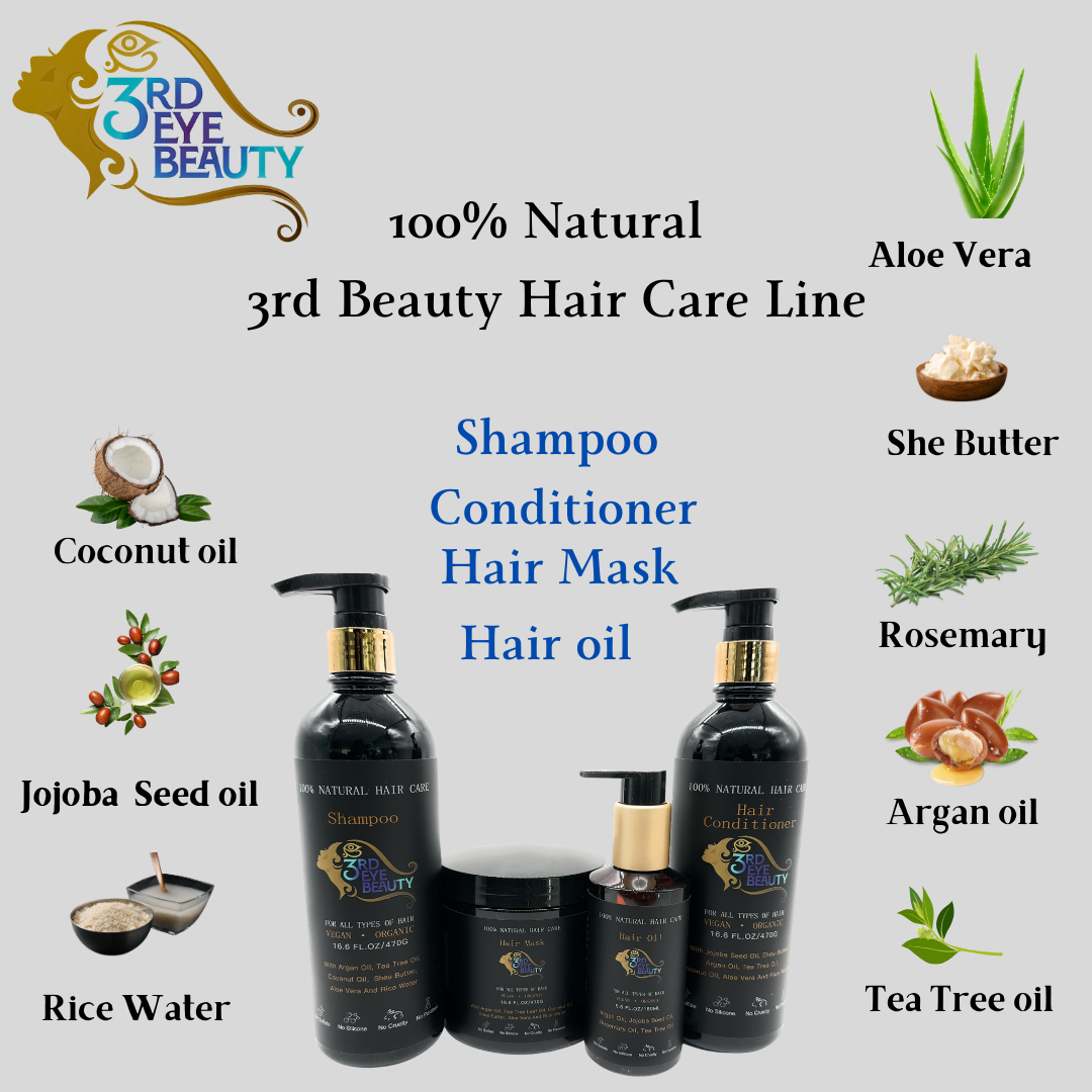 100% Natural Hair Oil, made with Argan oil, Jojoba Seed oil, Rosemary oil & Tea Tree oil that moisturize, hydrates, and add shine to dry hair.