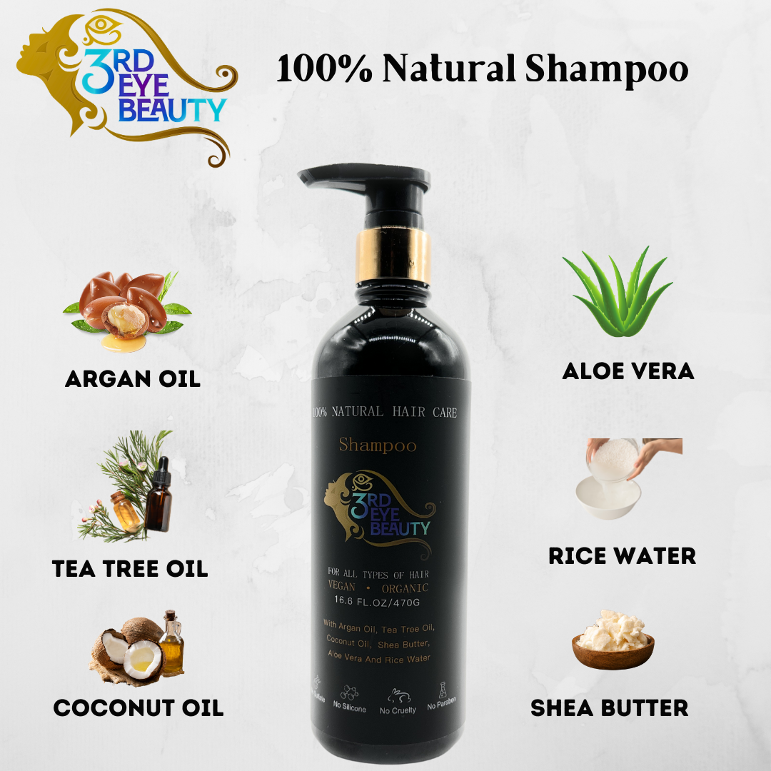 100% Natural Vegan Silicon and Sulfate free Shampoo made with Argan oil, Tea Tree oil, Aloe Vera and Rice water.