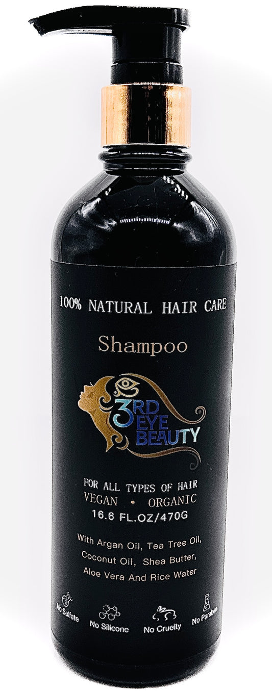 100% Natural Vegan Silicon and Sulfate free Shampoo made with Argan oil, Tea Tree oil, Aloe Vera and Rice water.